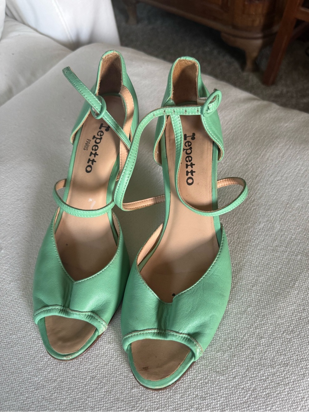 Repetto Mint Green Leather Peep-Toe Ankle-Strap Heels